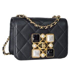CHANEL Lambskin 2020 Mini Flap Bag Shoulder Bag Onyx & Pearl Embellished CC